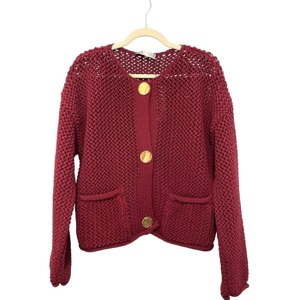 New Zara Open-Knit Cardigan Size Large Gold Buttons